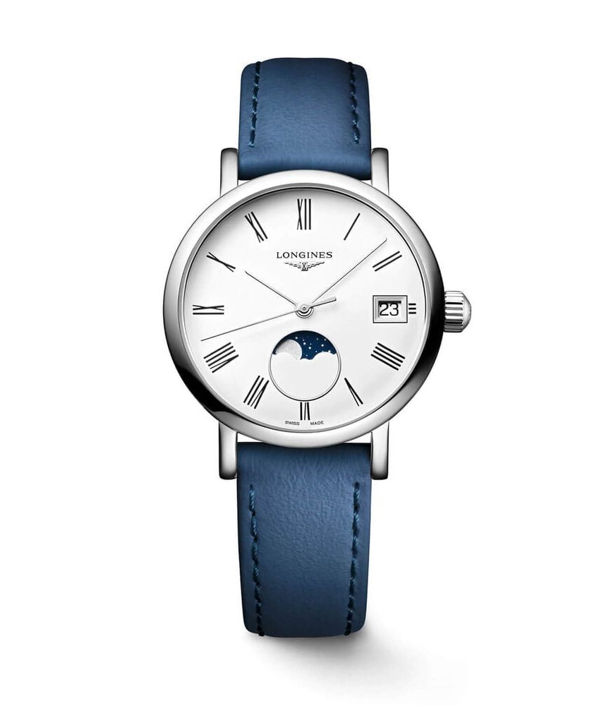 Longines Elegant 30mm White Dial Moonphase Blue Leather Strap Watch image number 0