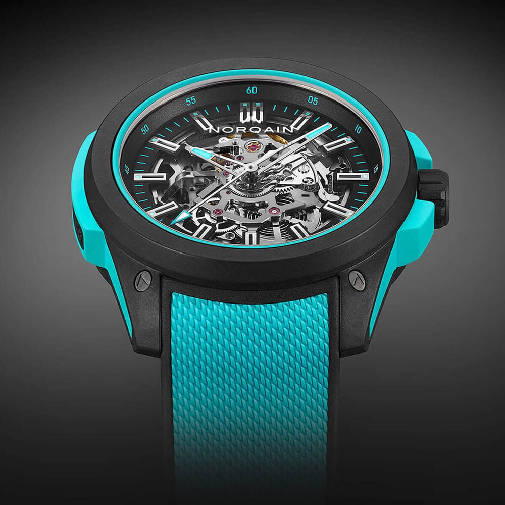 NORQAIN Wild ONE Skeleton 42mm Dial Turquoise Rubber Strap Watch image number 3