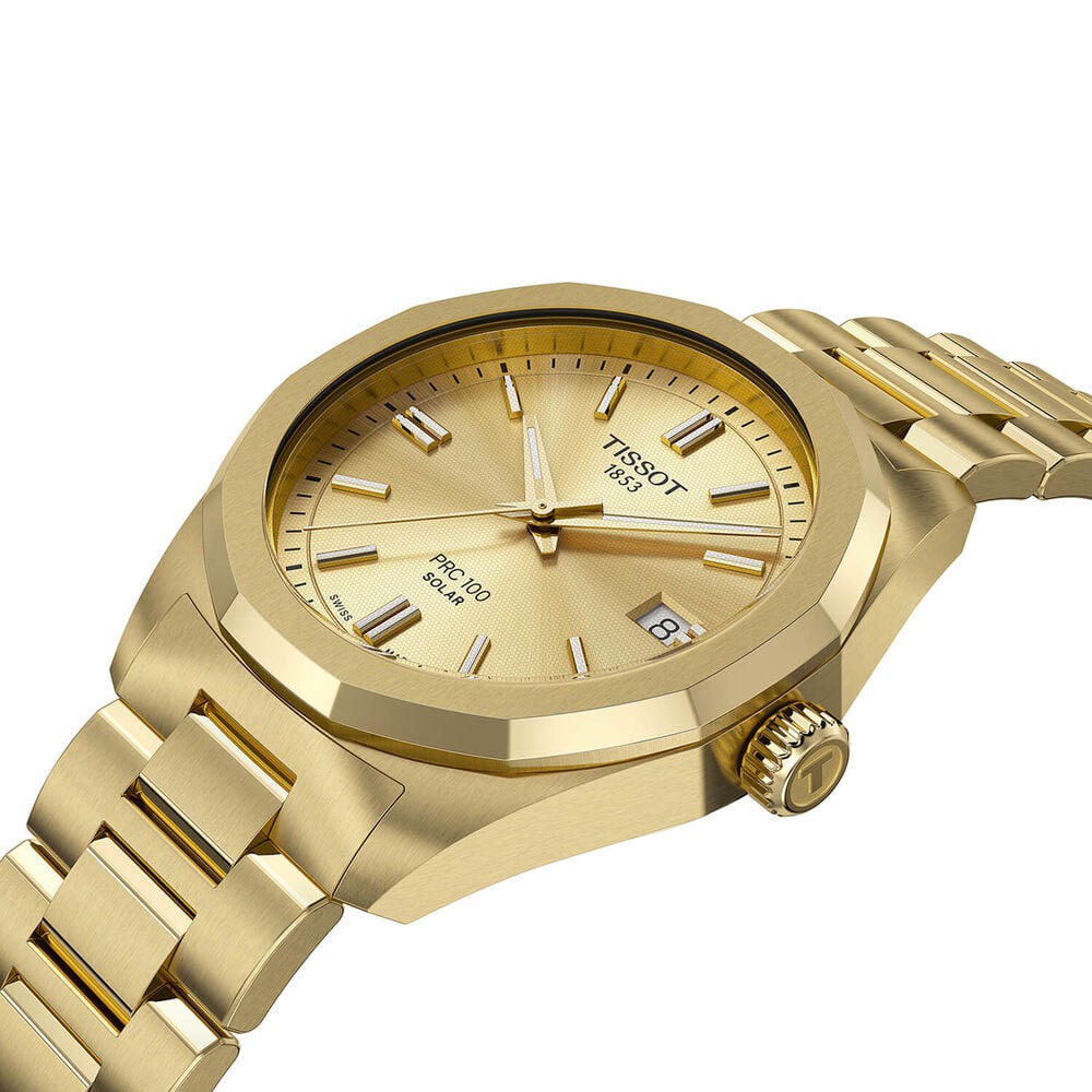 Tissot PRC 100 Solar 34mm Gold Dial Yellow Gold PVD Steel Bracelet Watch image number 1