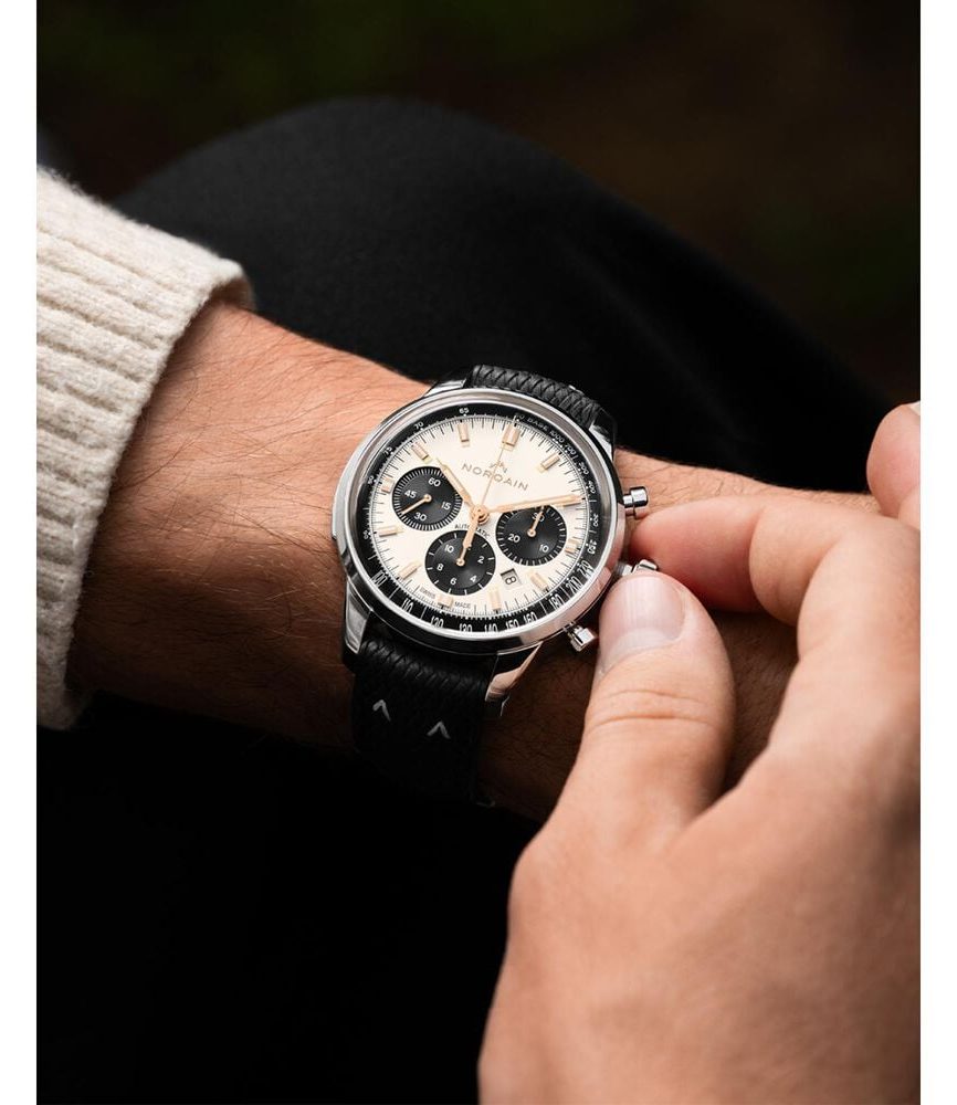 NORQAIN Freedom 60 Chrono Limited Edition 43mm Ivory Dial Black Perlon Rubber Strap Watch image number 1