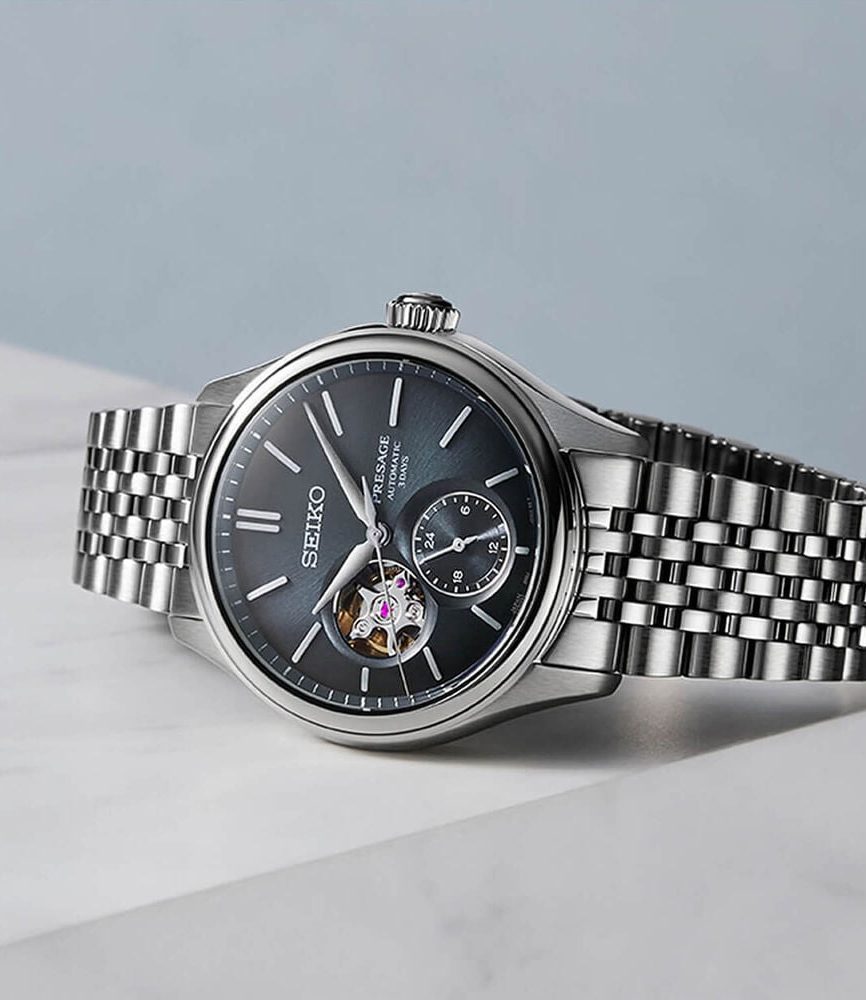 Seiko Presage Classic Open Heart 'Ai-iro' Japan Blue 40mm Dial Steel Bracelet Watch image number 4