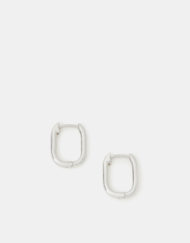 Sterling Silver Rectangular Huggie Hoop Earrings, , large