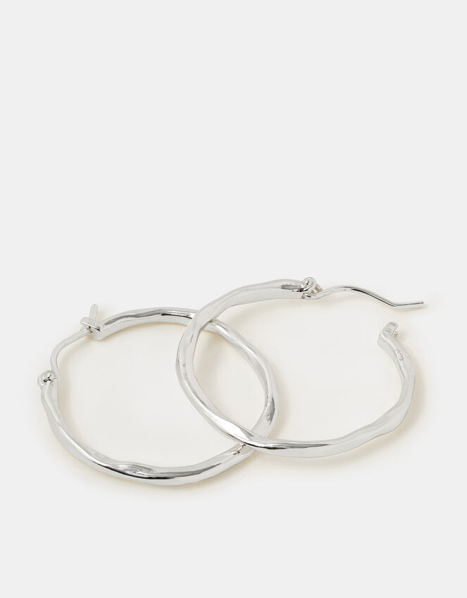 Sterling Silver-Plated Molten Hoop Earrings, , large