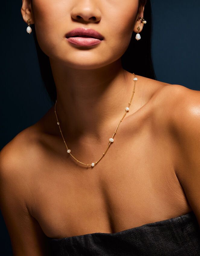 14ct Gold-Plated Pearl Station Necklace, , large