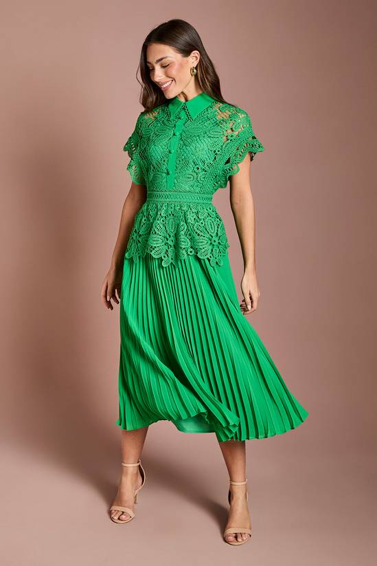 Coast Collared Lace Top Pleated Skirt Midi Dress 1