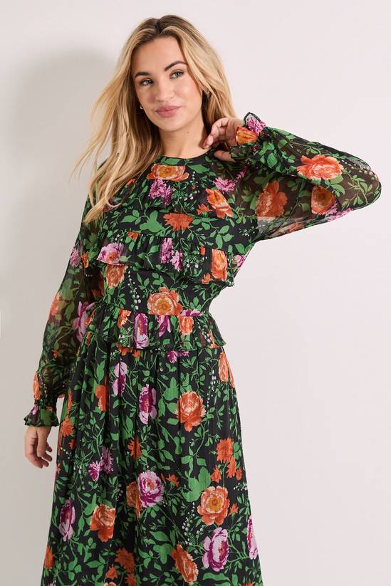 Dorothy Perkins High Neck Frill Detail Printed Chiffon Midi Dress 2