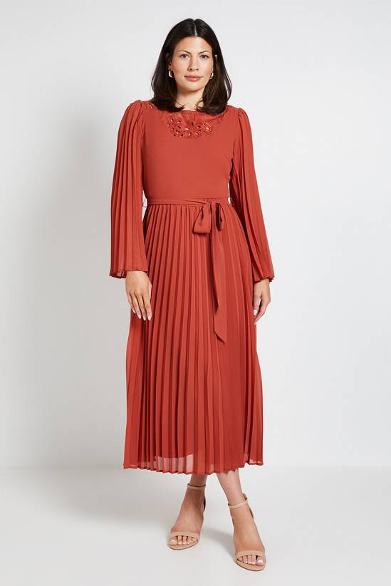 Wallis Pleated Floral Trim Midi Dress 1