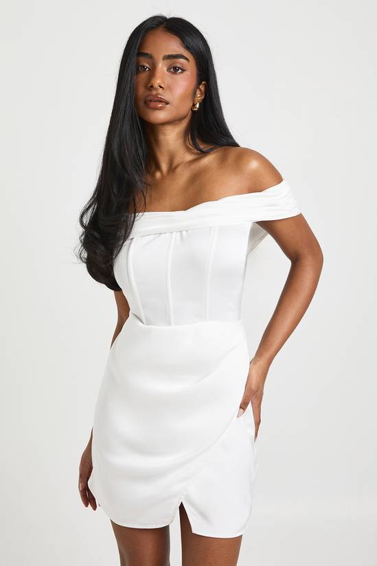 boohoo Satin Ruched Bardot Drape Detail Mini Dress 1