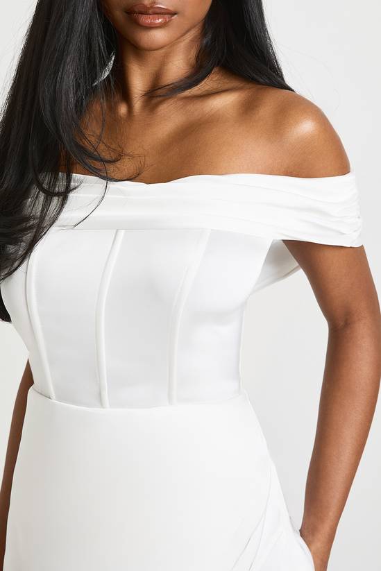 boohoo Satin Ruched Bardot Drape Detail Mini Dress 4