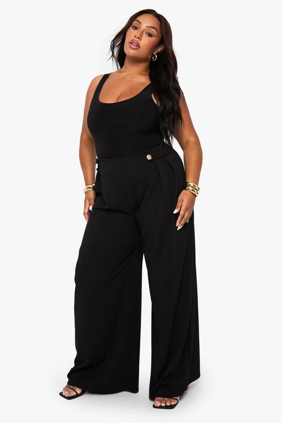boohoo Plus Elasticated Waist Gold Trim Wide Leg Tailored Trouser 1
