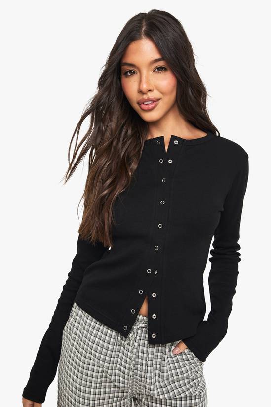 boohoo Rib Popper Front Long Sleeve Top 3