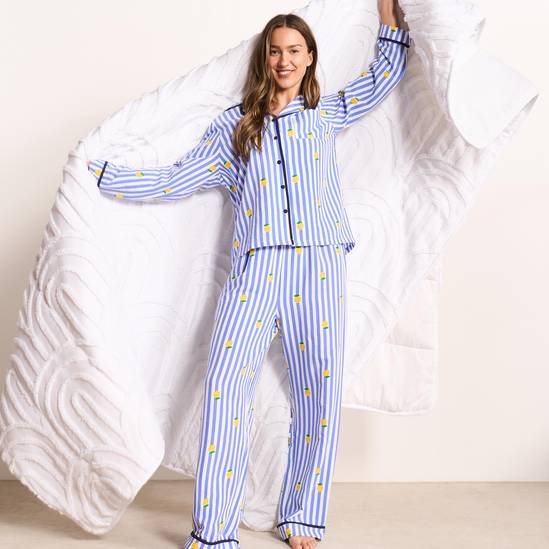 OHS Stripe Seersucker Button Through Ultra Soft Pyjama Set Nightwear 1