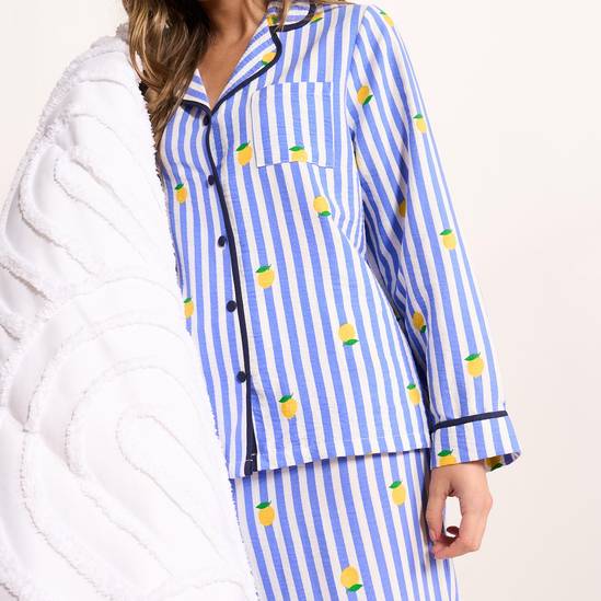 OHS Stripe Seersucker Button Through Ultra Soft Pyjama Set Nightwear 2