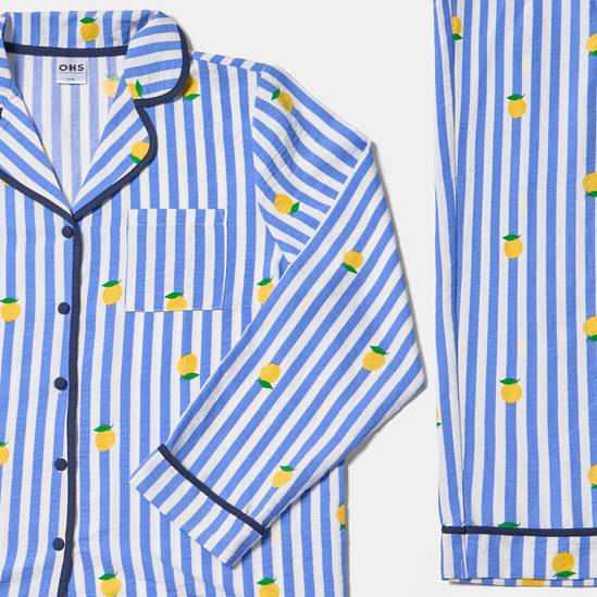 OHS Stripe Seersucker Button Through Ultra Soft Pyjama Set Nightwear 9