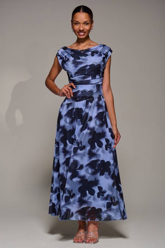 Jolie Moi Asymmetric Draped Mesh Maxi Dress 1