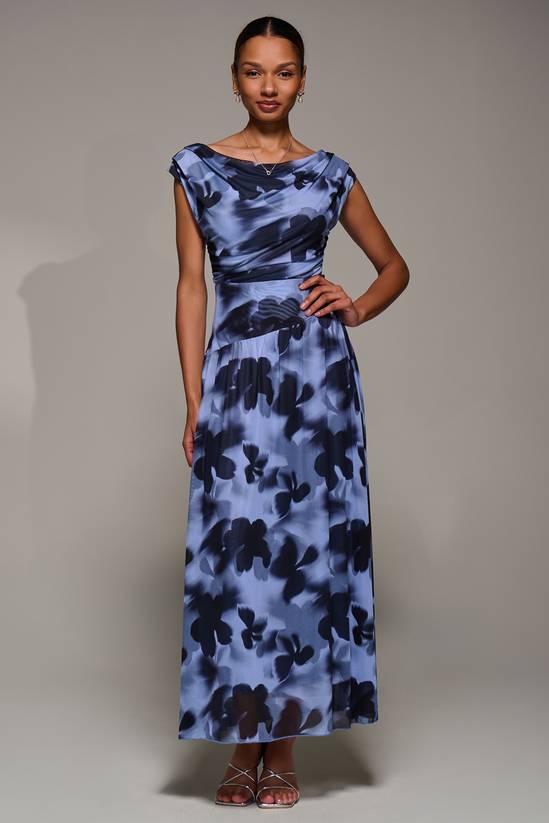 Jolie Moi Asymmetric Draped Mesh Maxi Dress 4