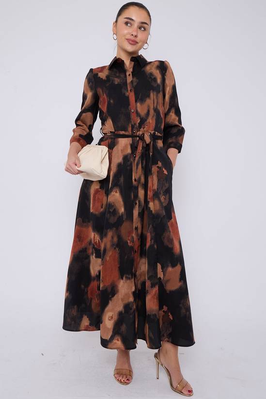 Love Sunshine Brown Abstract Print Maxi Shirt Dress 1