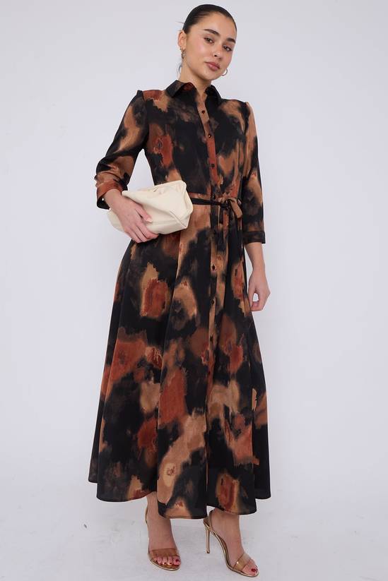 Love Sunshine Brown Abstract Print Maxi Shirt Dress 2