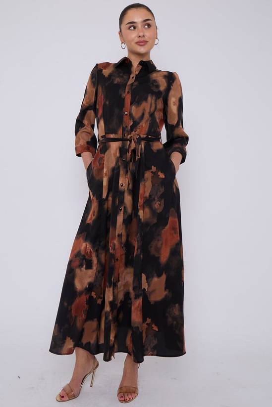 Love Sunshine Brown Abstract Print Maxi Shirt Dress 3