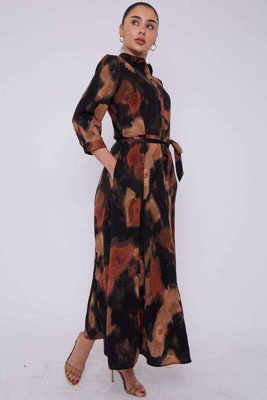 Love Sunshine Brown Abstract Print Maxi Shirt Dress 4