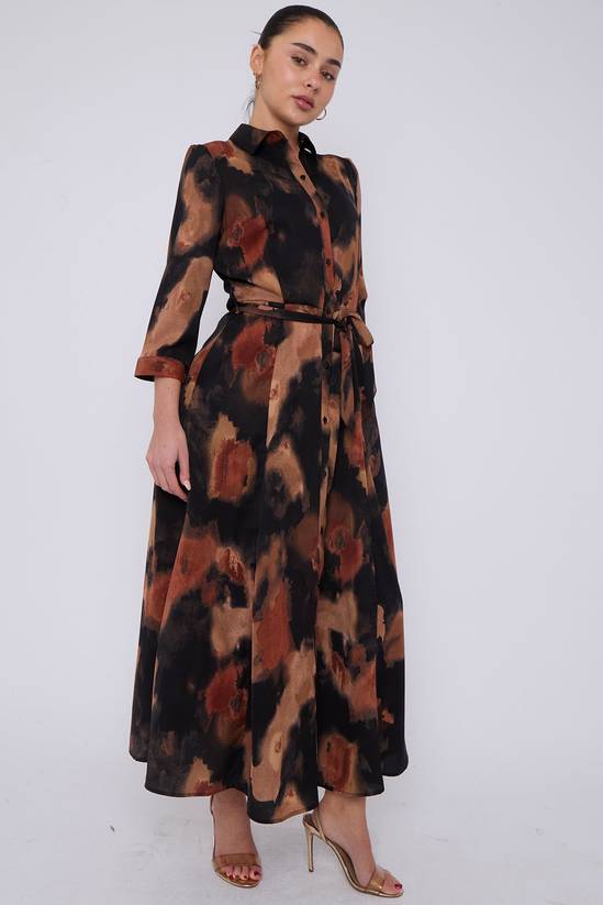 Love Sunshine Brown Abstract Print Maxi Shirt Dress 5