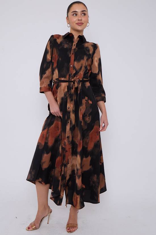Love Sunshine Brown Abstract Print Maxi Shirt Dress 6