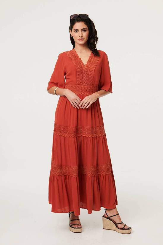 Izabel London Lace Trim Tiered 1/2 Sleeve Maxi Dress 1