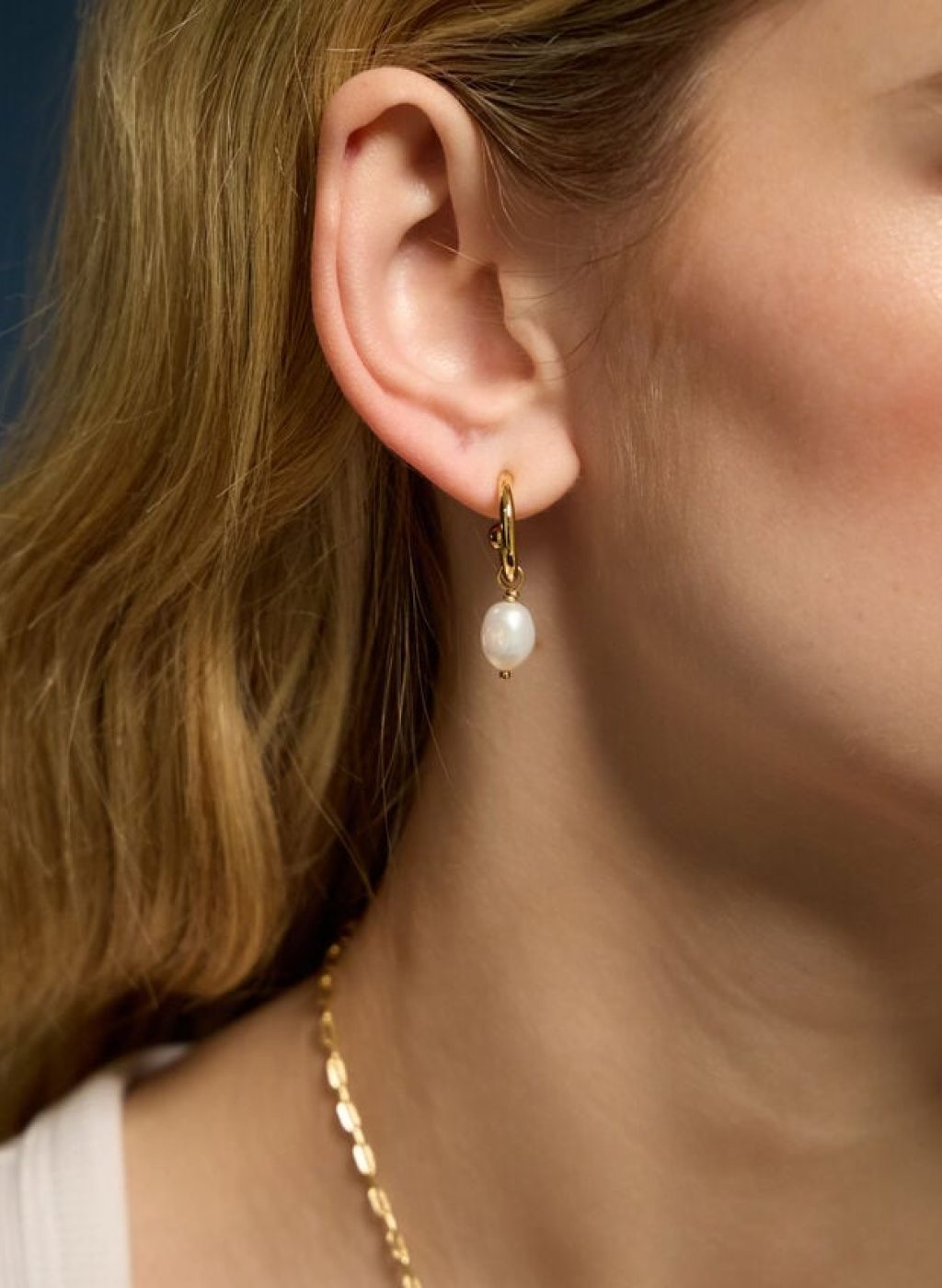 14ct Gold-Plated Pearl Drop Hoop Earrings, , large