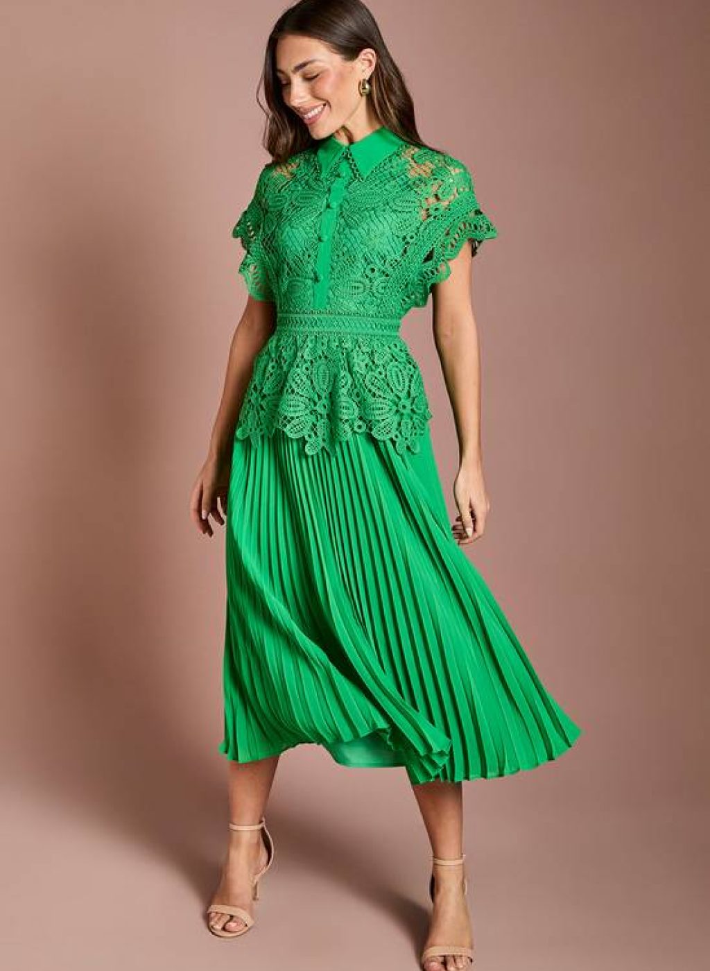 Coast Collared Lace Top Pleated Skirt Midi Dress 1