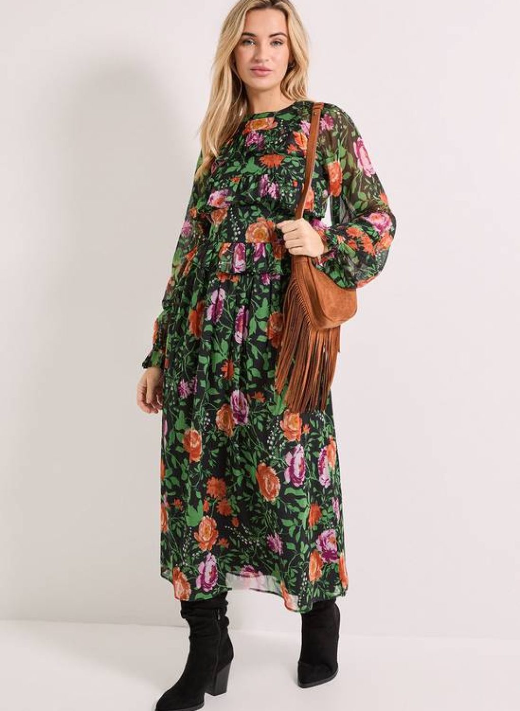 Dorothy Perkins High Neck Frill Detail Printed Chiffon Midi Dress 1