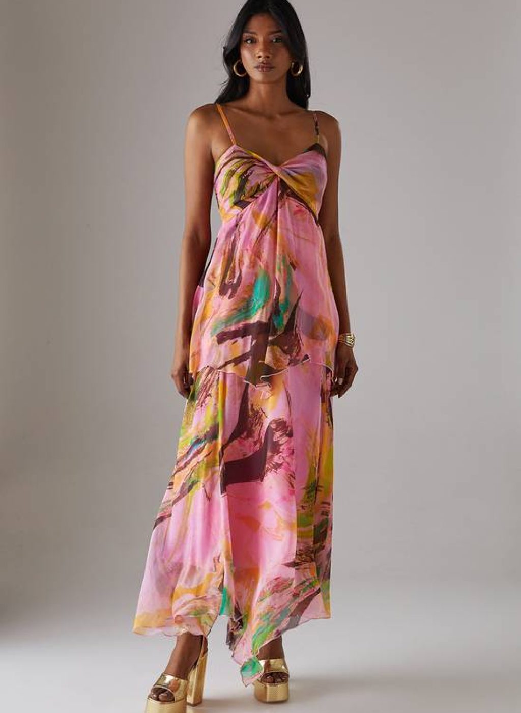 Warehouse Chiffon Asymmetric Double Layer Bandeau Maxi Dress 1