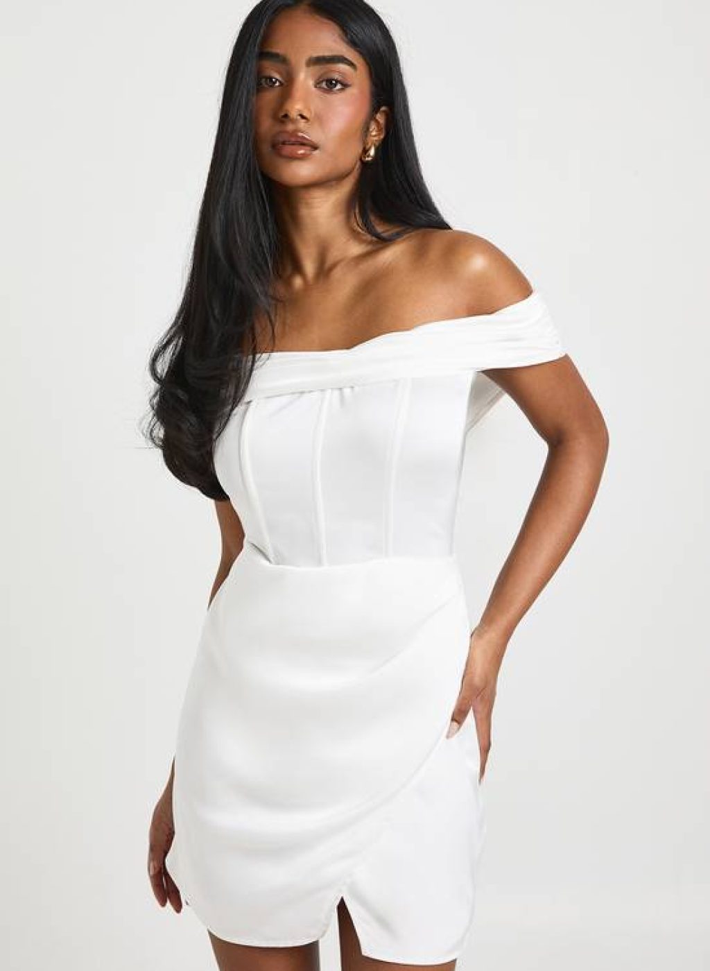 boohoo Satin Ruched Bardot Drape Detail Mini Dress 1