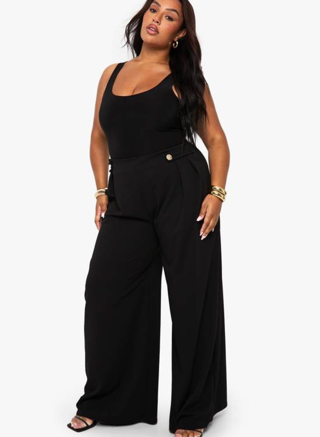 boohoo Plus Elasticated Waist Gold Trim Wide Leg Tailored Trouser 1