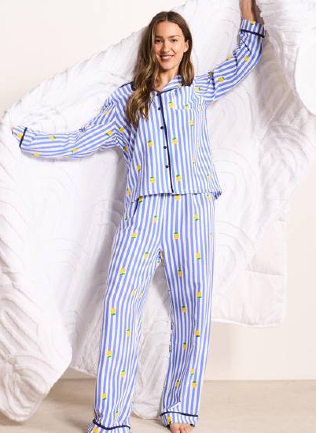 OHS Stripe Seersucker Button Through Ultra Soft Pyjama Set Nightwear 1