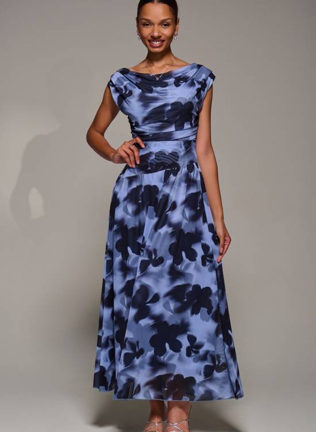 Jolie Moi Asymmetric Draped Mesh Maxi Dress 1