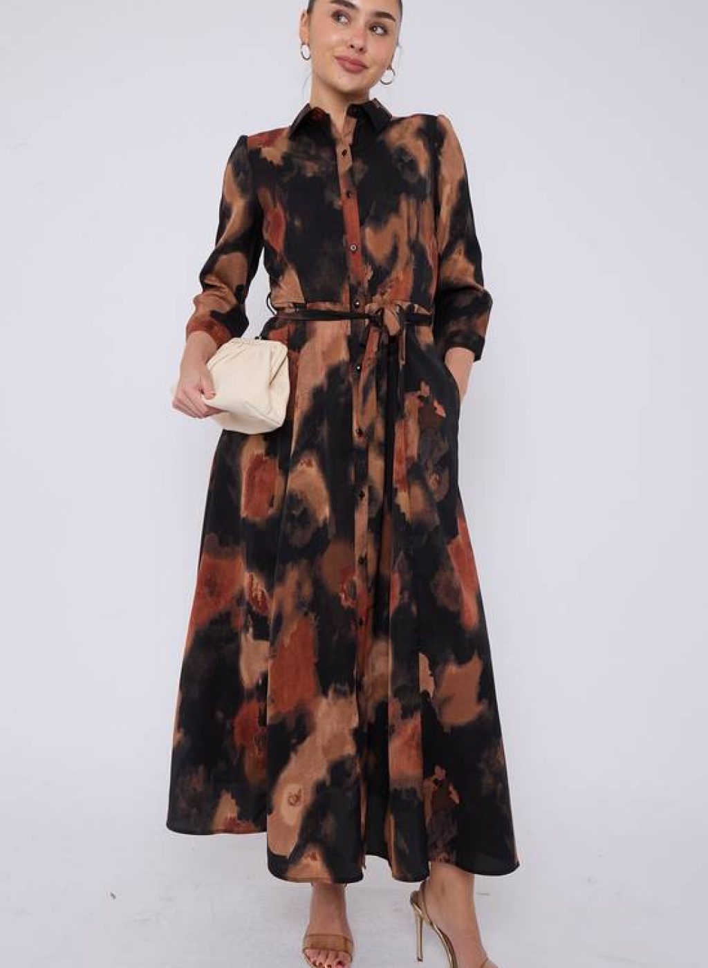 Love Sunshine Brown Abstract Print Maxi Shirt Dress 1