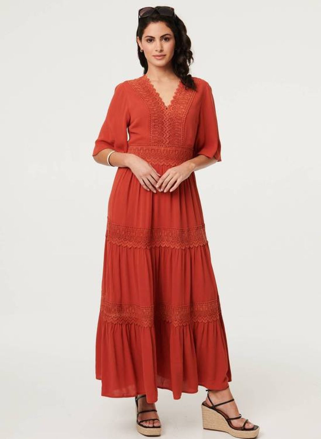 Izabel London Lace Trim Tiered 1/2 Sleeve Maxi Dress 1